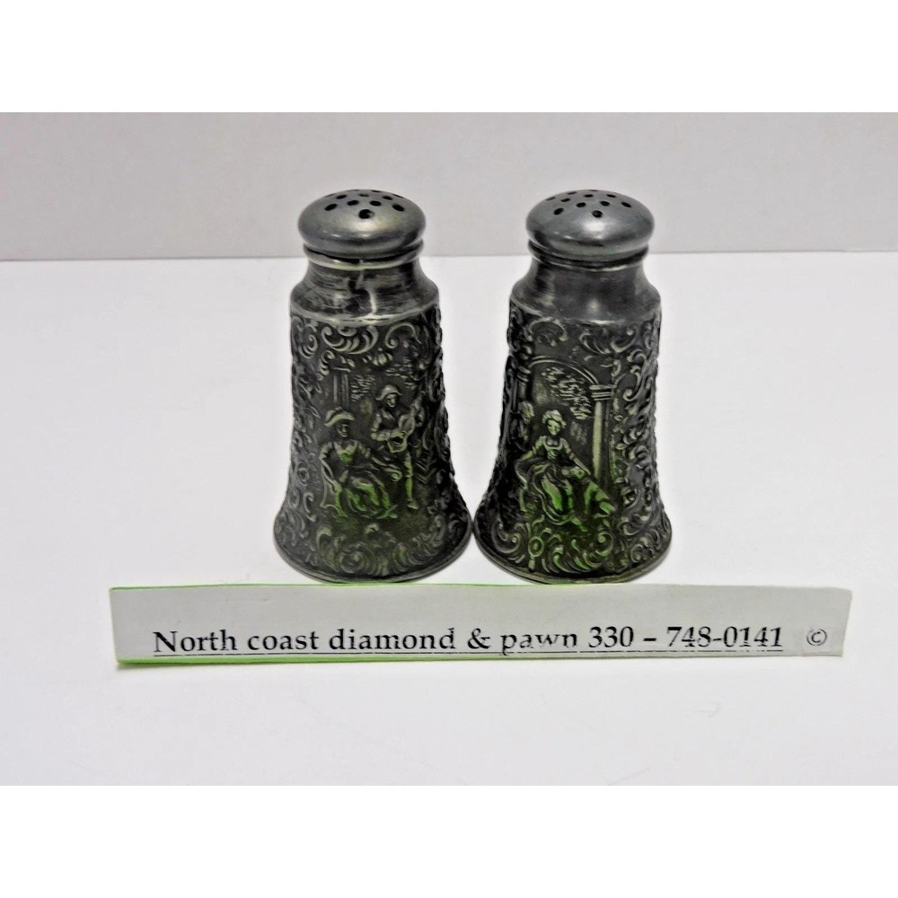 Vintage Jennings Brothers Pewter Embossed Salt & Pepper Shakers DH56